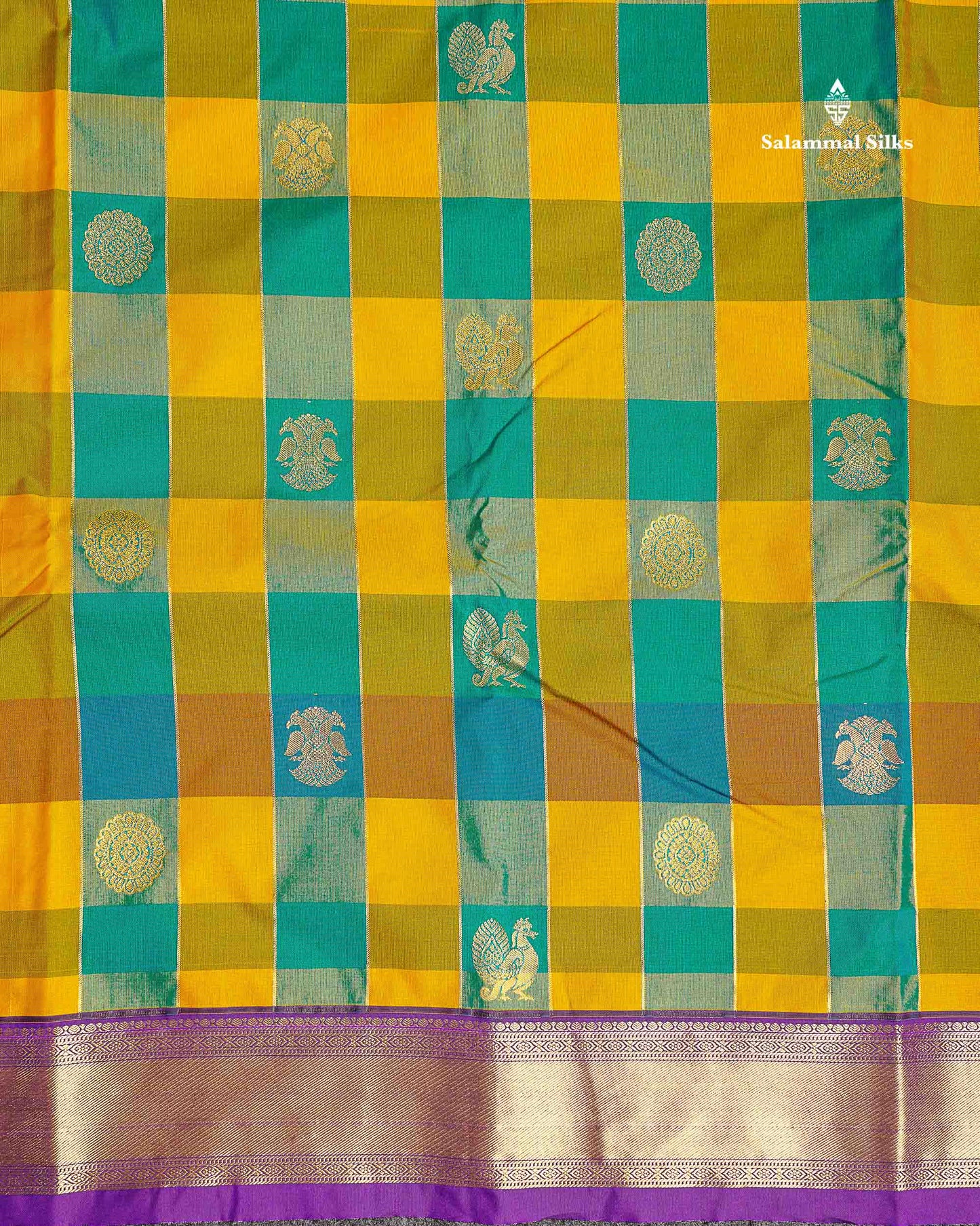 Semi Silk Saree - Paalum Pazham Checks With Traditional Buttas & Purple Border