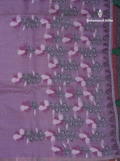 Beautiful Lavender Thread Work Butta Cotton Mix Saree With Contrast Magenta Blouse
