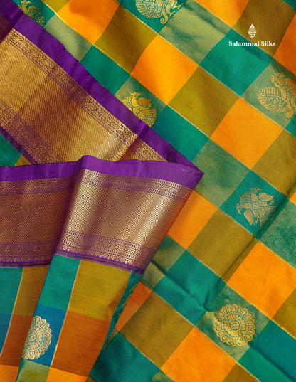 Semi Silk Saree - Paalum Pazham Checks With Traditional Buttas & Purple Border