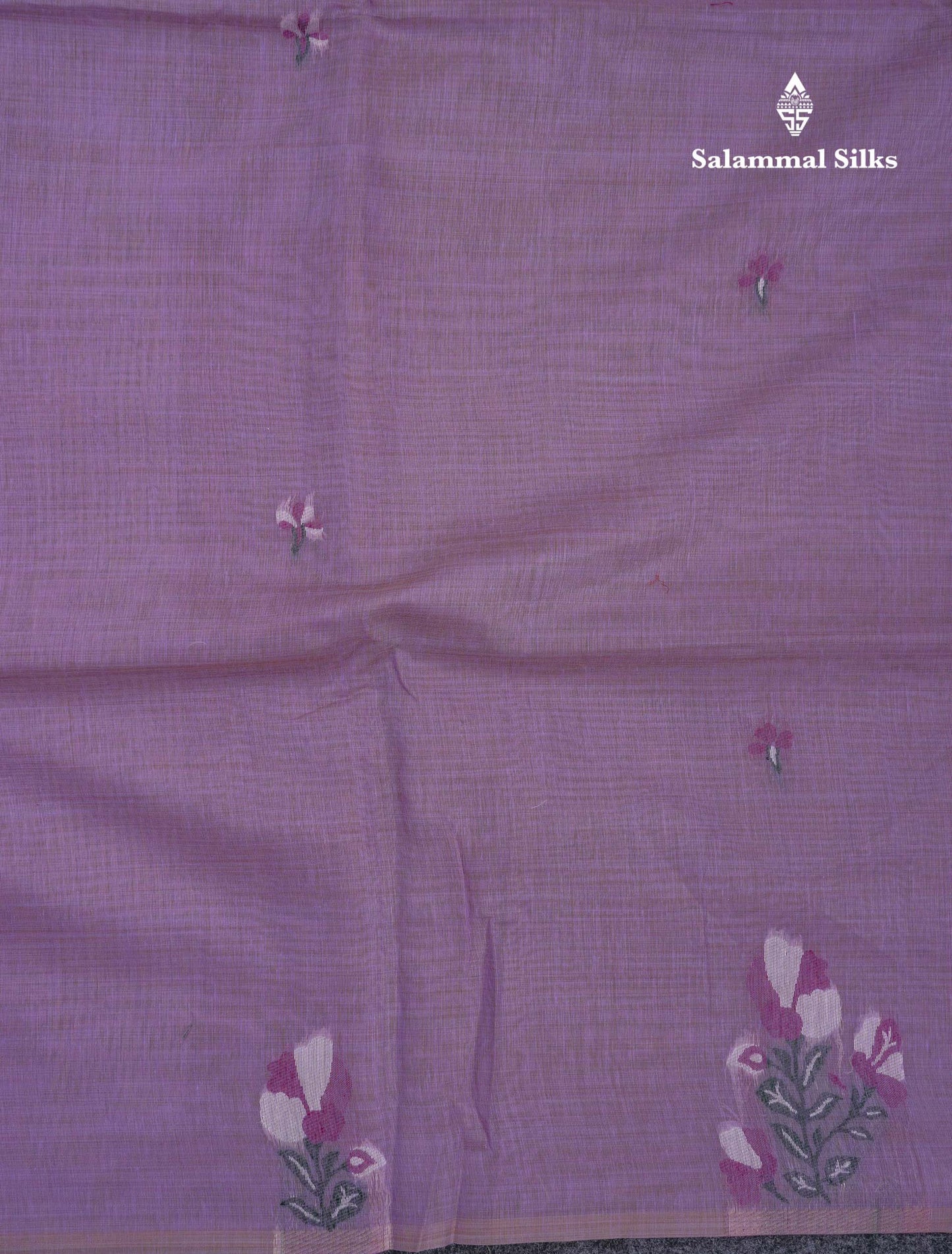 Beautiful Lavender Thread Work Butta Cotton Mix Saree With Contrast Magenta Blouse