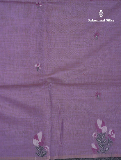 Beautiful Lavender Thread Work Butta Cotton Mix Saree With Contrast Magenta Blouse