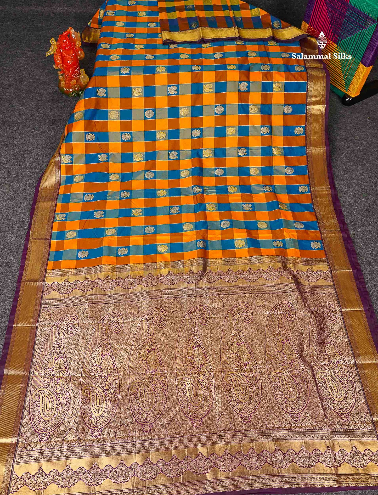 Semi Silk Saree - Paalum Pazham Checks With Traditional Buttas & Dark Purple Border 