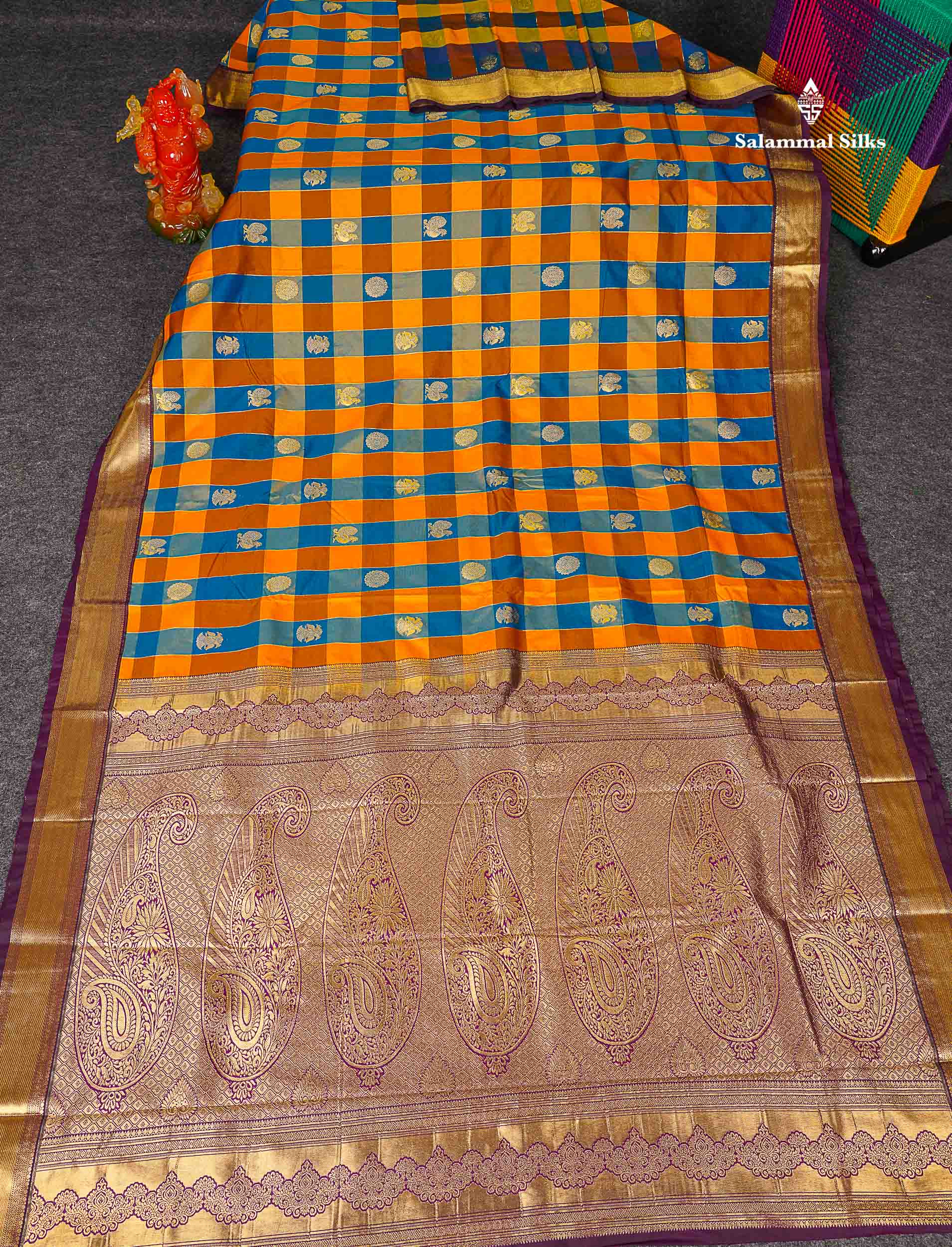 Semi Silk Saree - Paalum Pazham Checks With Traditional Buttas & Dark Purple Border 
