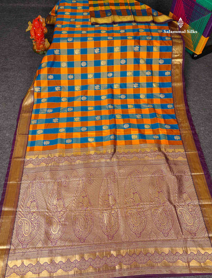 Semi Silk Saree - Paalum Pazham Checks With Traditional Buttas & Dark Purple Border 
