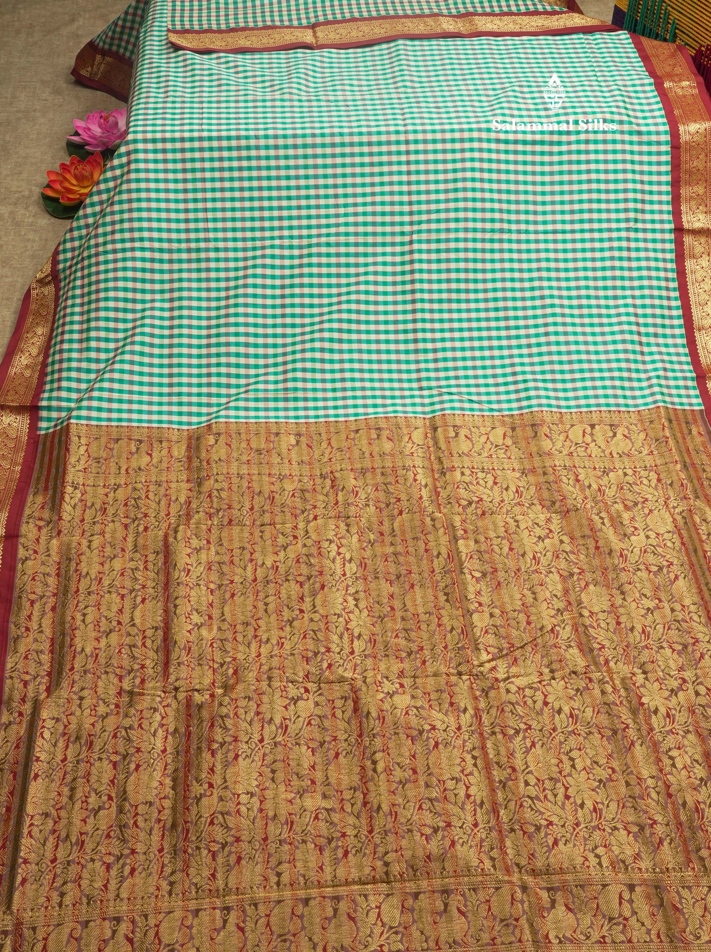 9.5 Yards Semi Silk Saree Multicolour Checks with Maroon Border