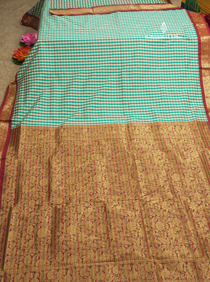 9.5 Yards Semi Silk Saree Multicolour Checks with Maroon Border