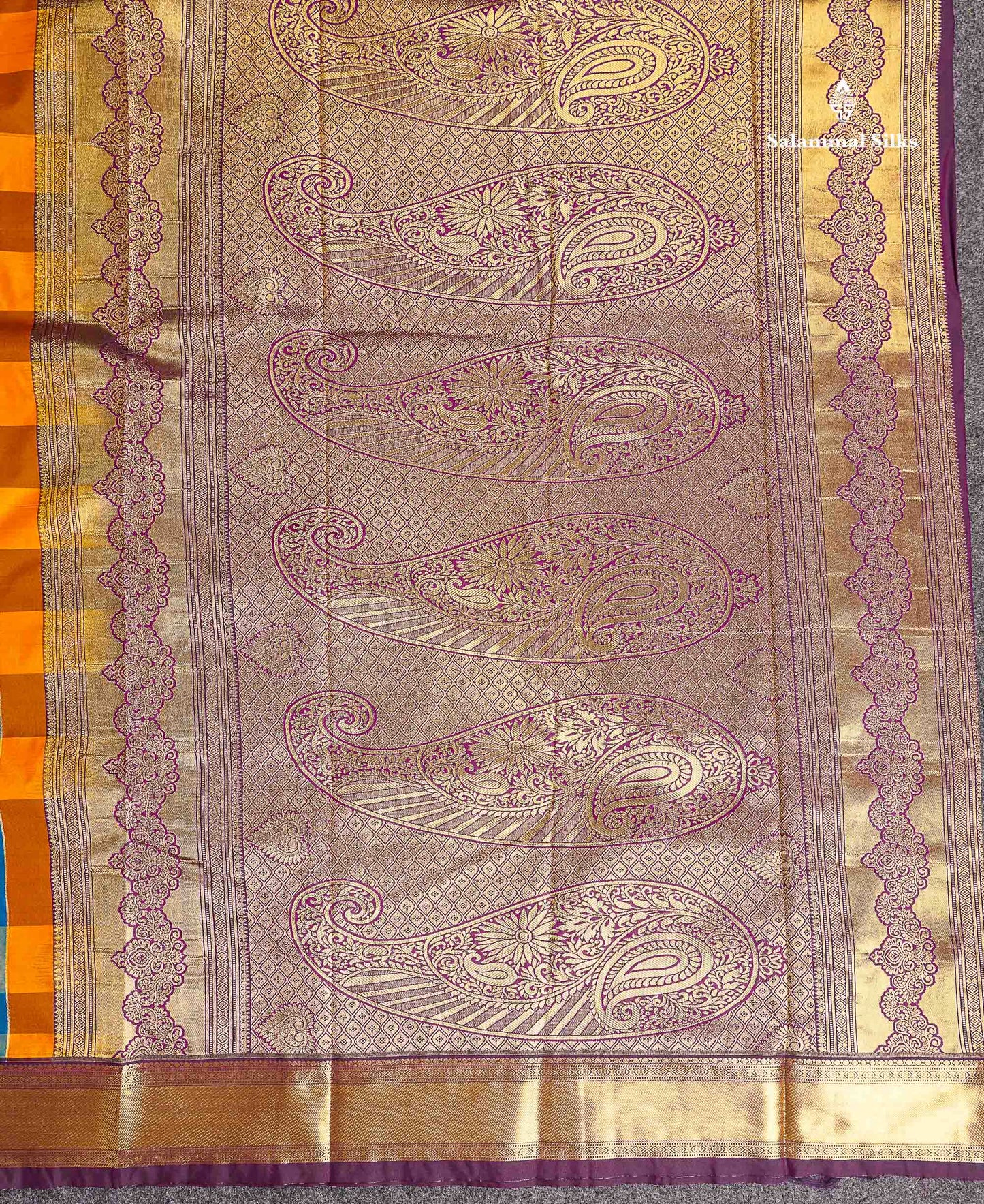 Semi Silk Saree - Paalum Pazham Checks With Traditional Buttas & Dark Purple Border