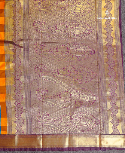 Semi Silk Saree - Paalum Pazham Checks With Traditional Buttas & Dark Purple Border