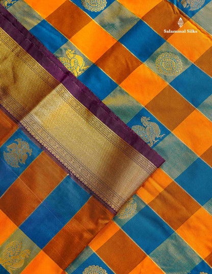 Semi Silk Saree - Paalum Pazham Checks With Traditional Buttas & Dark Purple Border