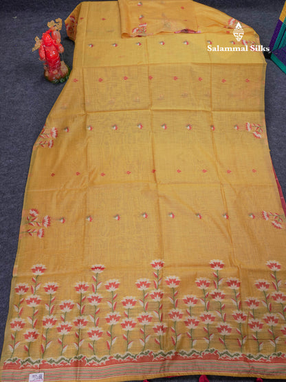 Beautiful Mustard Yellow Thread Work Butta Muga Cotton Saree With Contrast Red Blouse