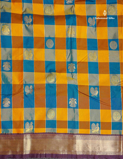 Semi Silk Saree - Paalum Pazham Checks With Traditional Buttas & Dark Purple Border