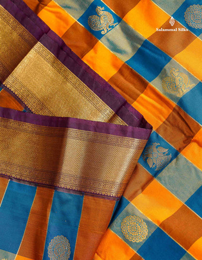 Semi Silk Saree - Paalum Pazham Checks With Traditional Buttas & Dark Purple Border