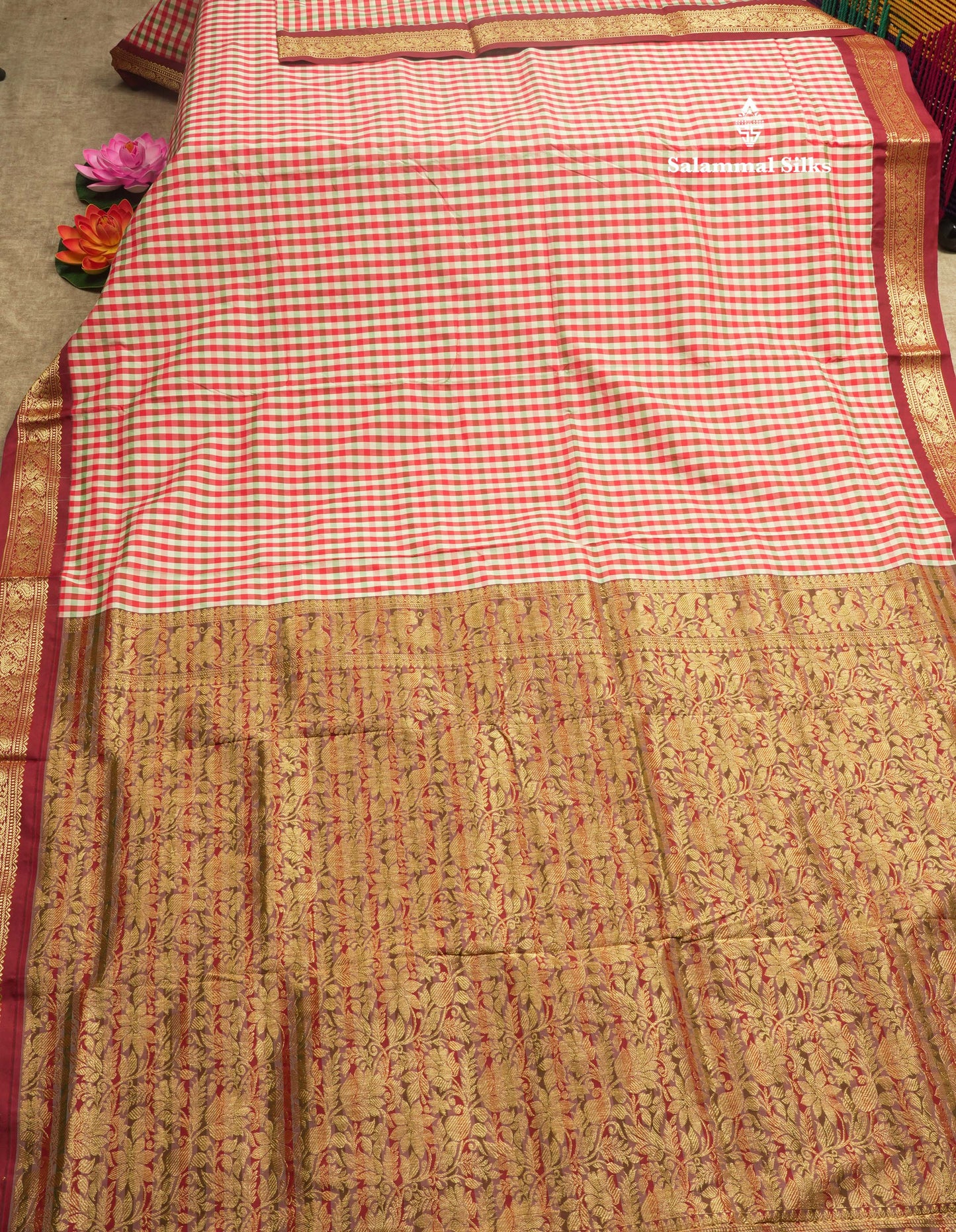 9.5 Yards Semi Silk Saree Multicolour Checks with Maroon Border
