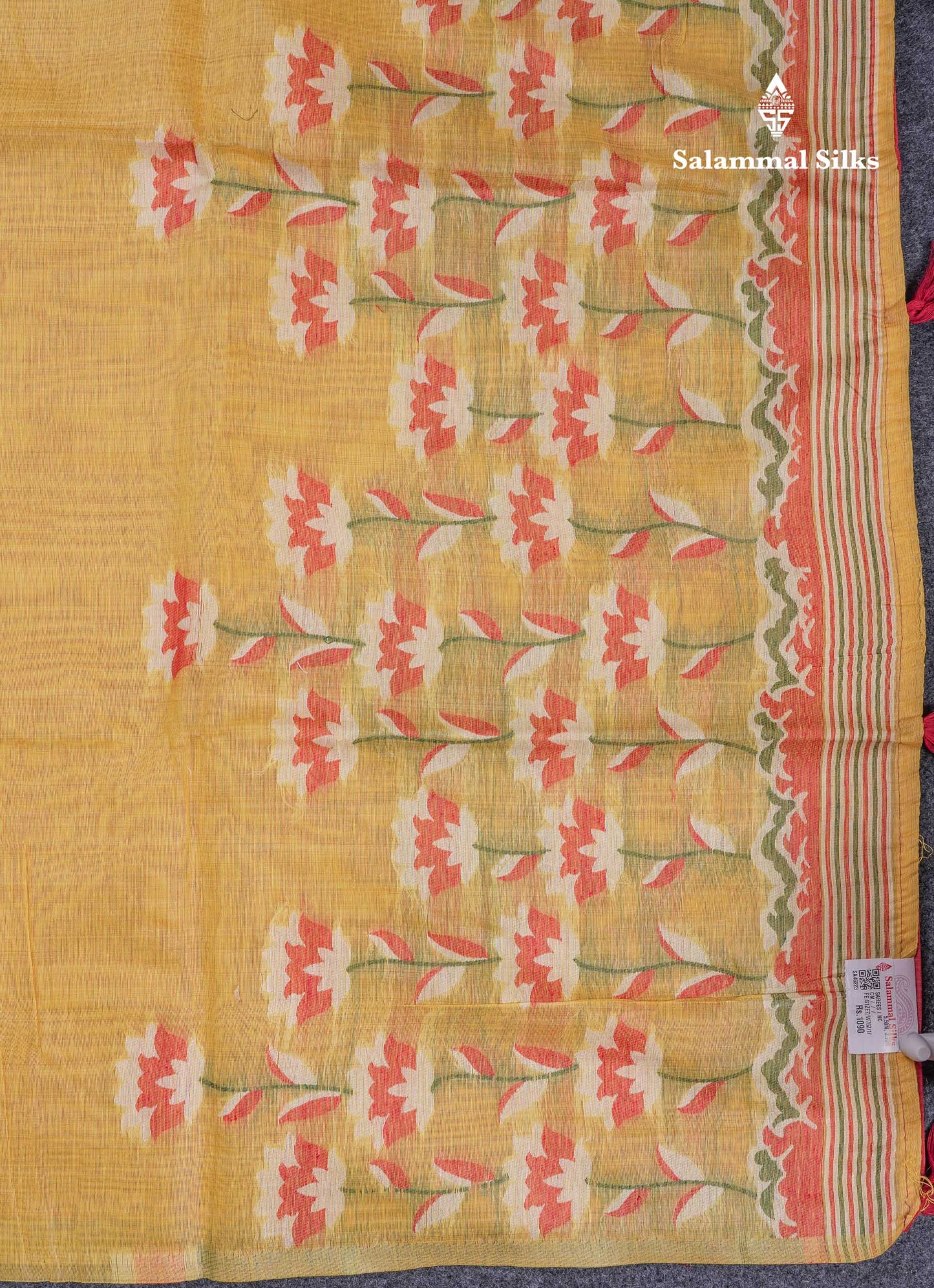 Beautiful Mustard Yellow Thread Work Butta Muga Cotton Saree With Contrast Red Blouse