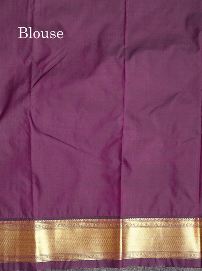 Semi Silk Saree - Paalum Pazham Checks With Traditional Buttas & Dark Purple Border