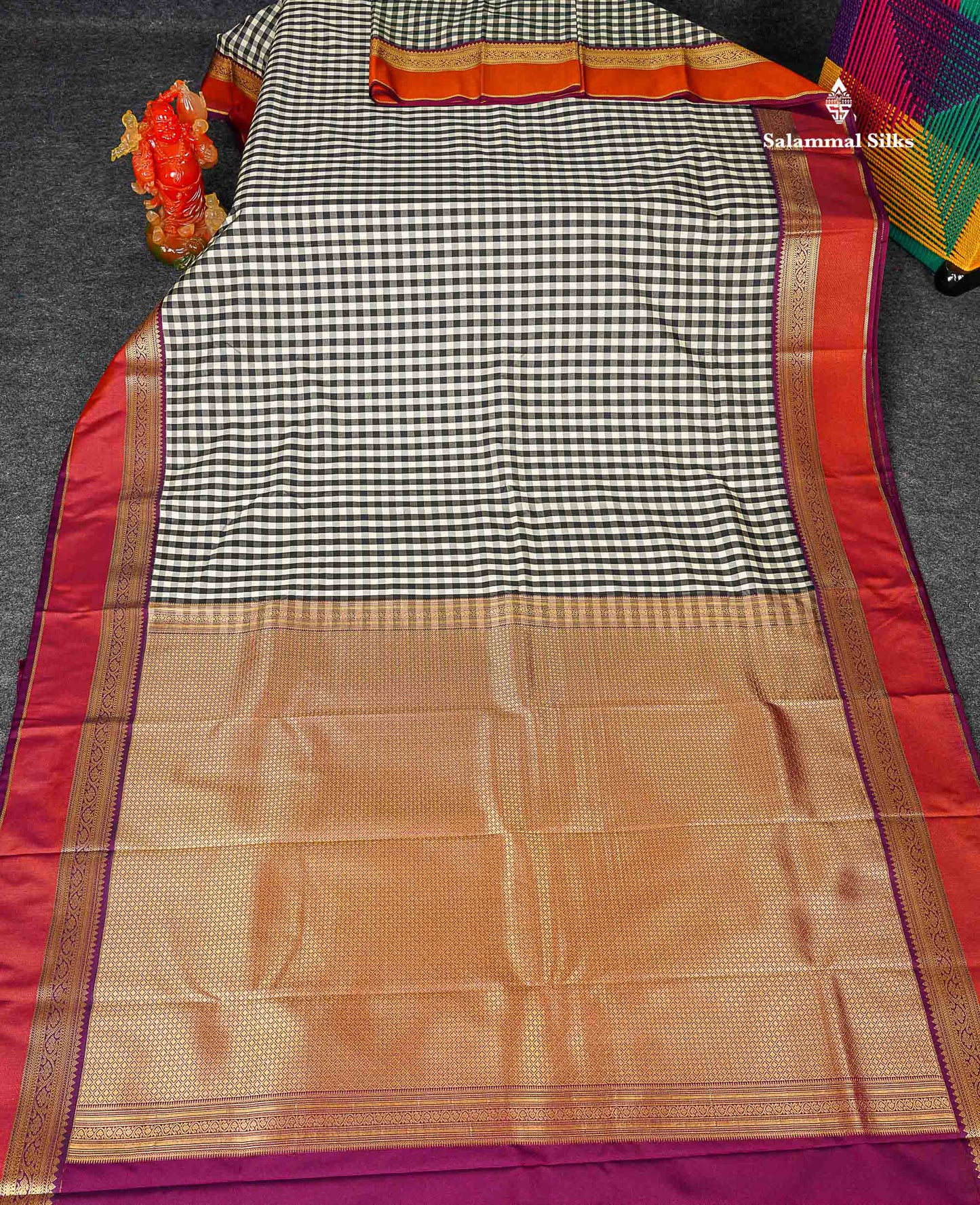Semi Silk Saree - Multicolour Body Small Checks With Magenta Traditional Border 