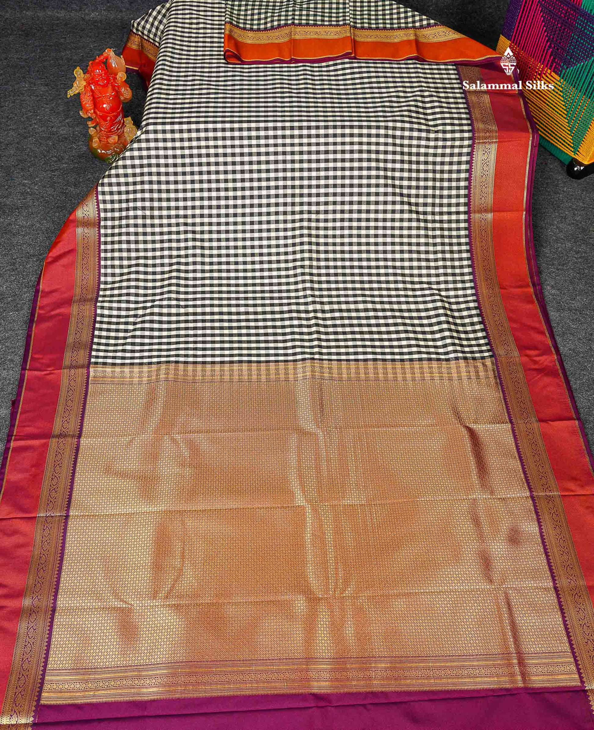 Semi Silk Saree - Multicolour Body Small Checks With Magenta Traditional Border 