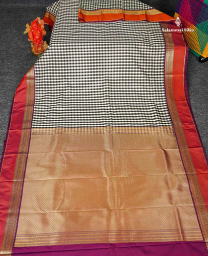 Semi Silk Saree - Multicolour Body Small Checks With Magenta Traditional Border 
