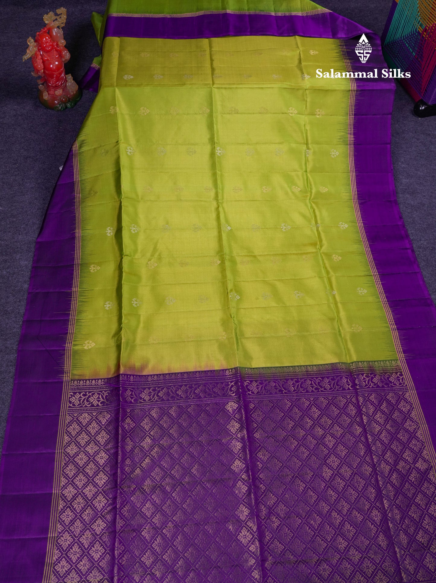 Beautiful Manthulir Yellow Pure Kanjivaram Soft Silk Saree With Contrast Violet Fancy Border