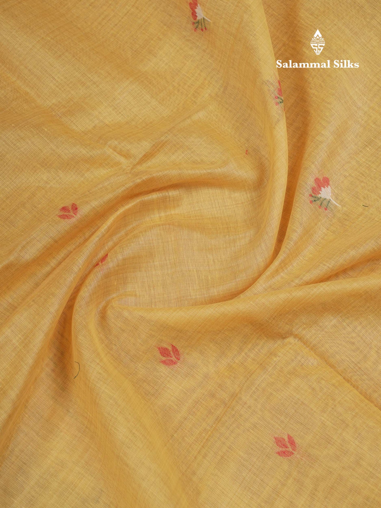 Beautiful Mustard Yellow Thread Work Butta Muga Cotton Saree With Contrast Red Blouse