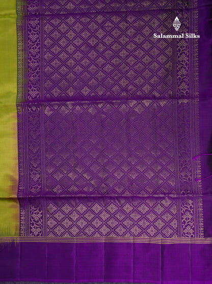 Beautiful Manthulir Yellow Pure Kanjivaram Soft Silk Saree With Contrast Violet Fancy Border