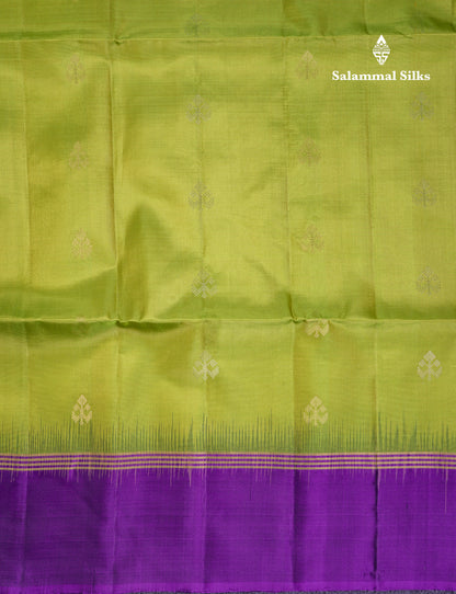 Beautiful Manthulir Yellow Pure Kanjivaram Soft Silk Saree With Contrast Violet Fancy Border