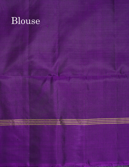 Beautiful Manthulir Yellow Pure Kanjivaram Soft Silk Saree With Contrast Violet Fancy Border