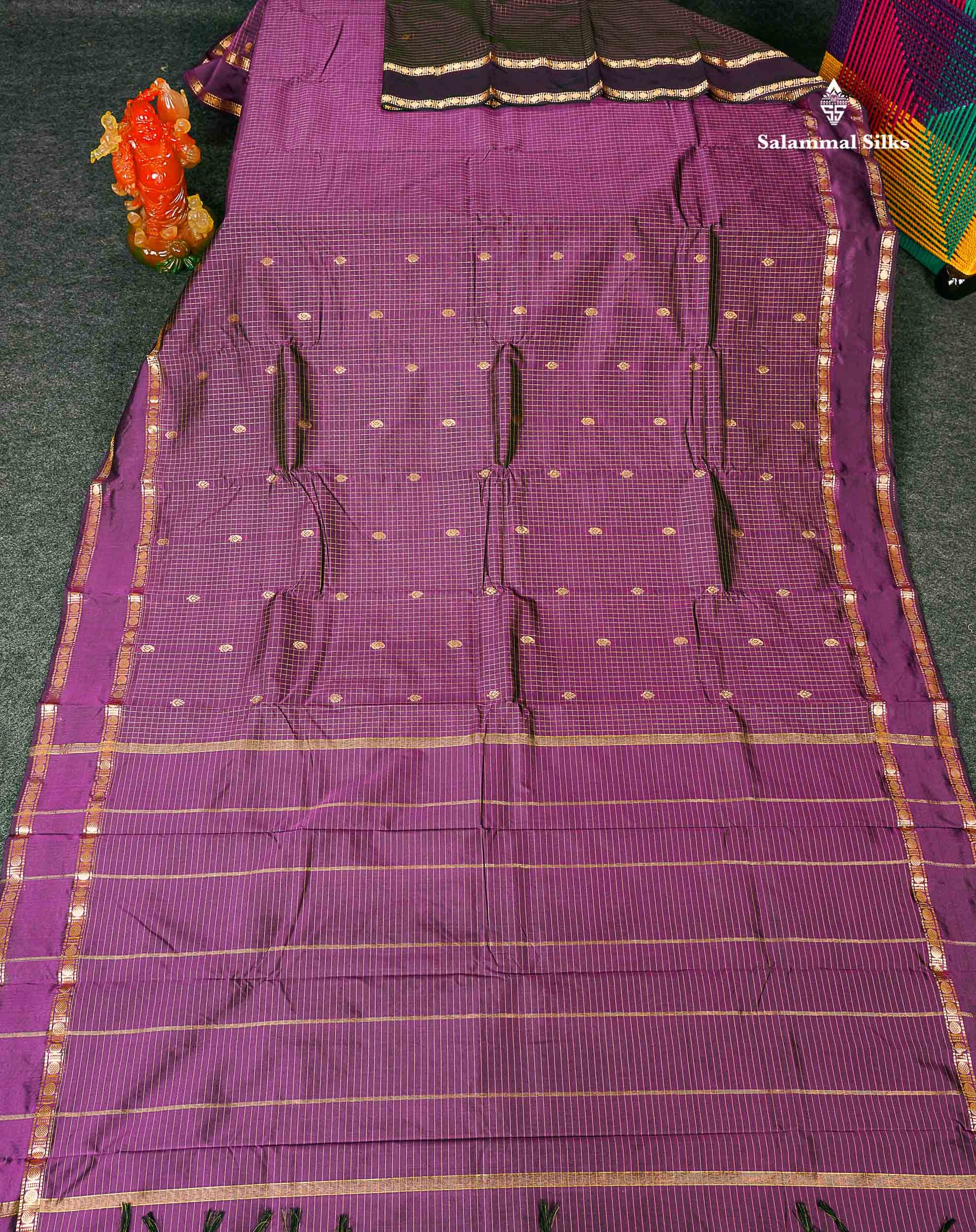 Semi Silk Saree - Purple Colour Body Zari Checks With Butta & Traditional Rettapet Border