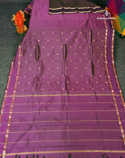 Semi Silk Saree - Purple Colour Body Zari Checks With Butta & Traditional Rettapet Border