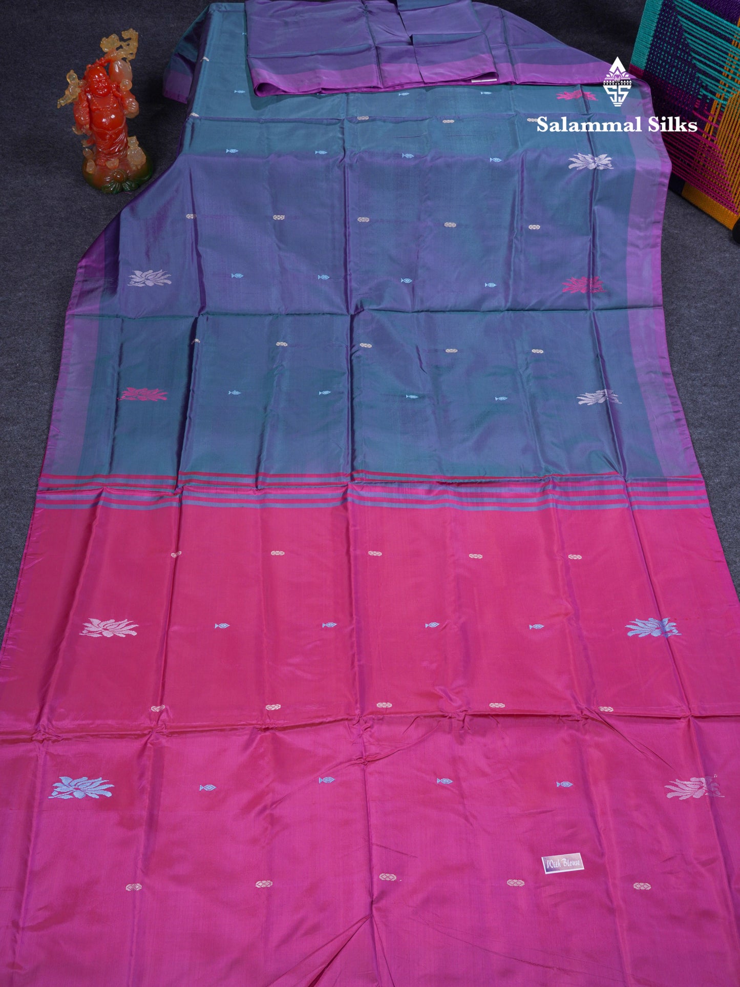 Dual Tone Blue Thread work Buttas Banana Pinth Saree (Vaazhainaar Pattu) With Contrast Pink Blouse