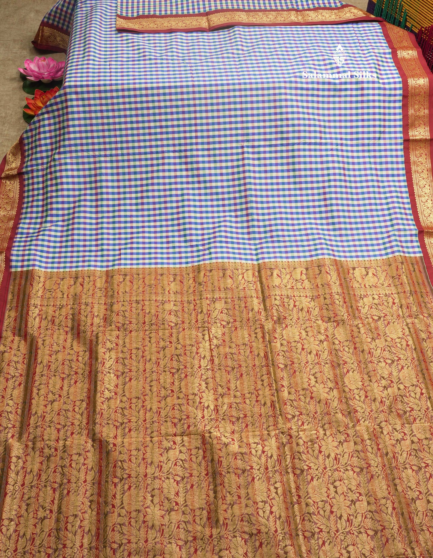 9.5 Yards Semi Silk Saree Multicolour Checks with Maroon Border