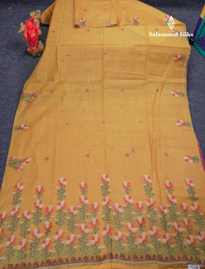 Beautiful Mustard Yellow Menakari Work Thread Butta Cotton Mix Saree With Contrast Maroon Blouse