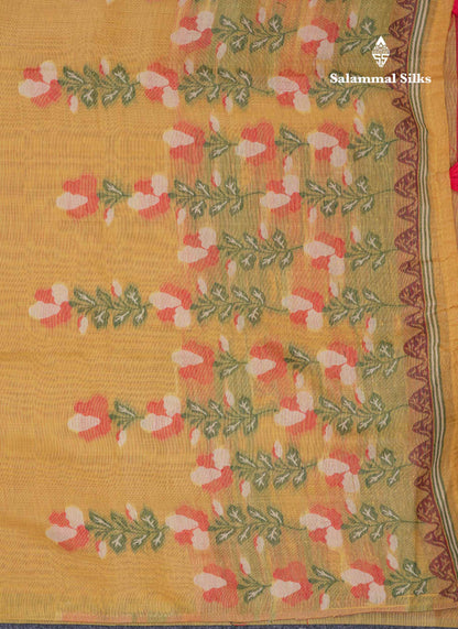 Beautiful Mustard Yellow Menakari Work Thread Butta Cotton Mix Saree With Contrast Maroon Blouse