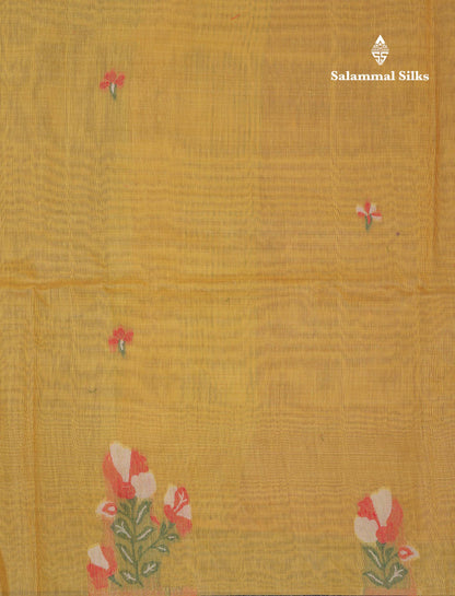 Beautiful Mustard Yellow Menakari Work Thread Butta Cotton Mix Saree With Contrast Maroon Blouse