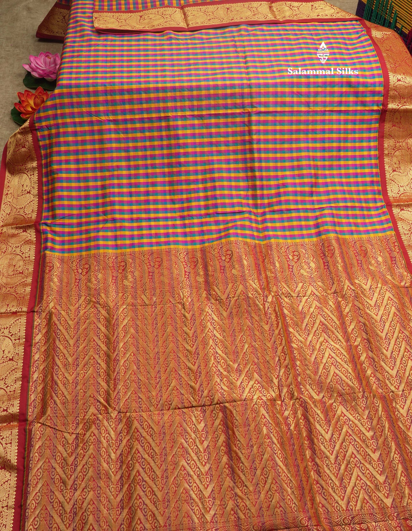 9.5 Yards Semi Silk Saree Multicolour Checks with Contrast Maroon Border