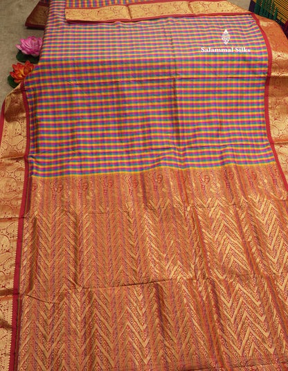 9.5 Yards Semi Silk Saree Multicolour Checks with Contrast Maroon Border