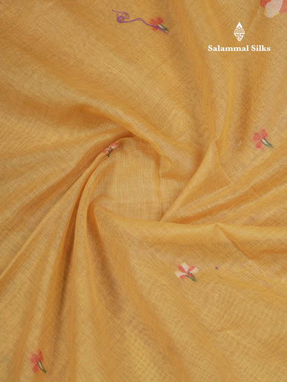 Beautiful Mustard Yellow Menakari Work Thread Butta Cotton Mix Saree With Contrast Maroon Blouse