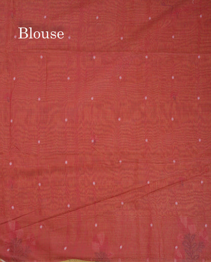 Beautiful Mustard Yellow Menakari Work Thread Butta Cotton Mix Saree With Contrast Maroon Blouse