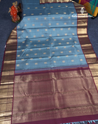 Grey Beautiful Pure Kanjivaram Silk Saree Pure Zari with Traditional Korvai Dark Maroon Border