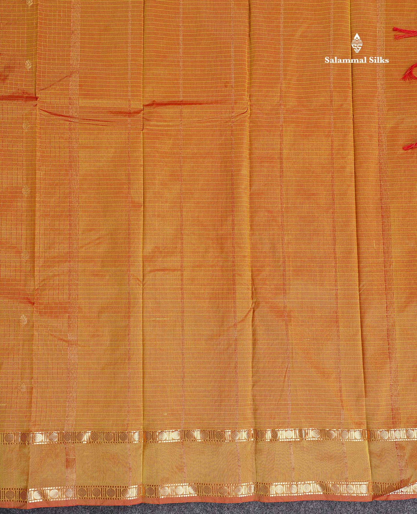 Semi Silk Saree - Orange Colour Body Zari Checks With Butta & Traditional Rettapet Border