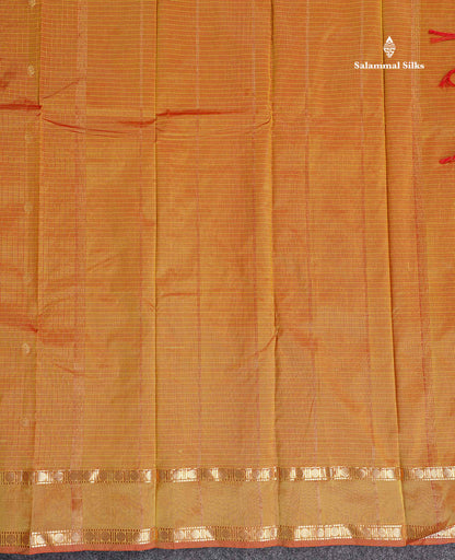 Semi Silk Saree - Orange Colour Body Zari Checks With Butta & Traditional Rettapet Border