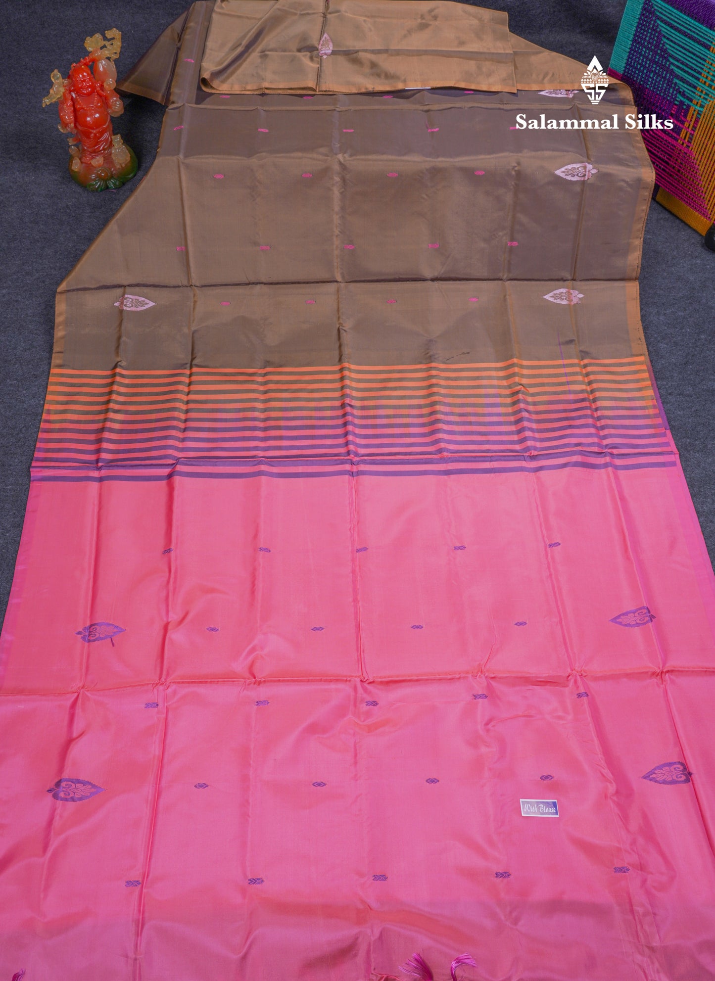 Olive Mustard Yellow Thread work Buttas Banana Pinth Saree (Vaazhainaar Pattu) With Contrast Pink Blouse