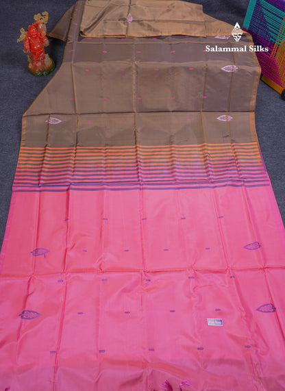 Olive Mustard Yellow Thread work Buttas Banana Pinth Saree (Vaazhainaar Pattu) With Contrast Pink Blouse
