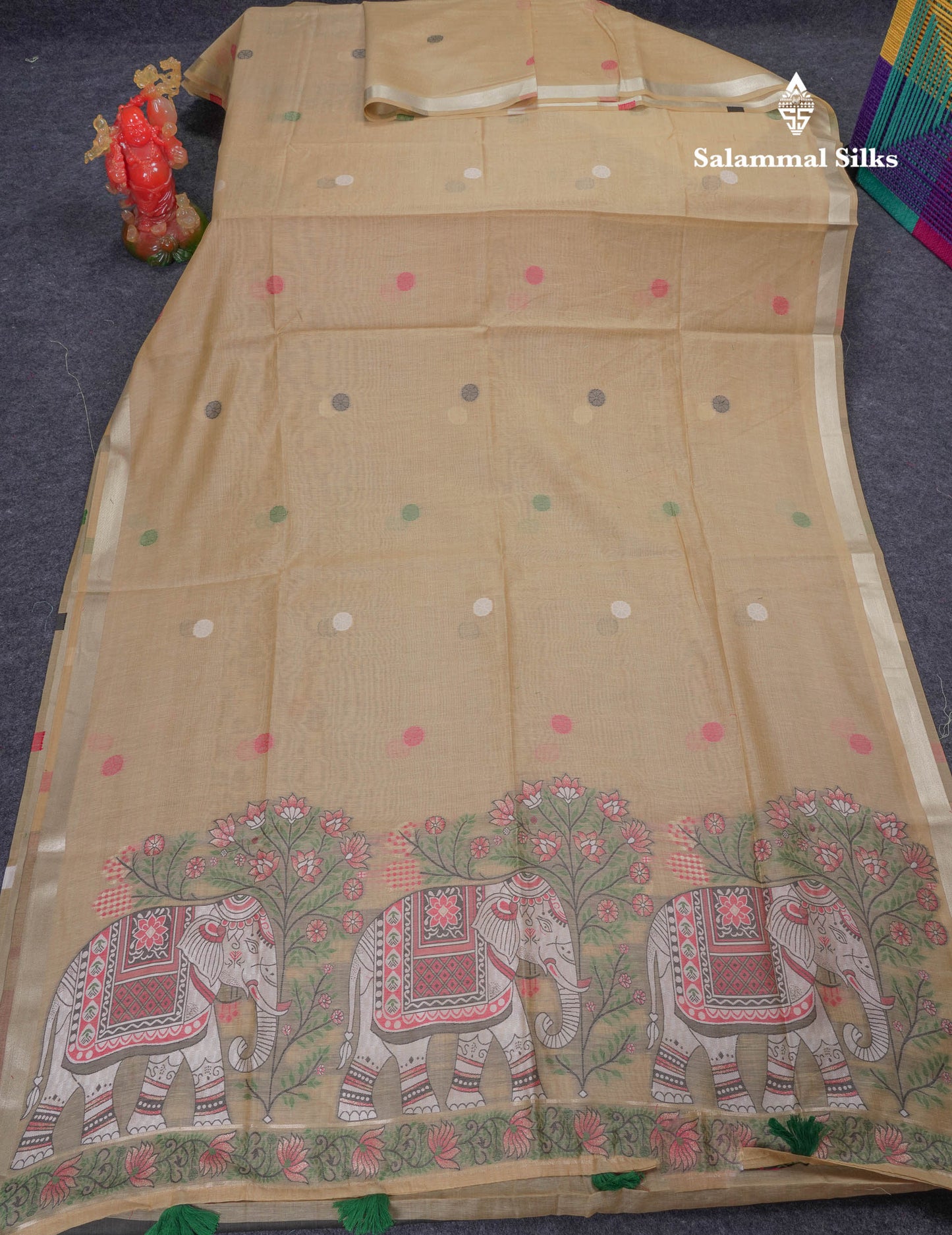 Beautiful Sapphire Green Thread Work Butta Muga Cotton Saree With Contrast Peacock Blue Blouse
