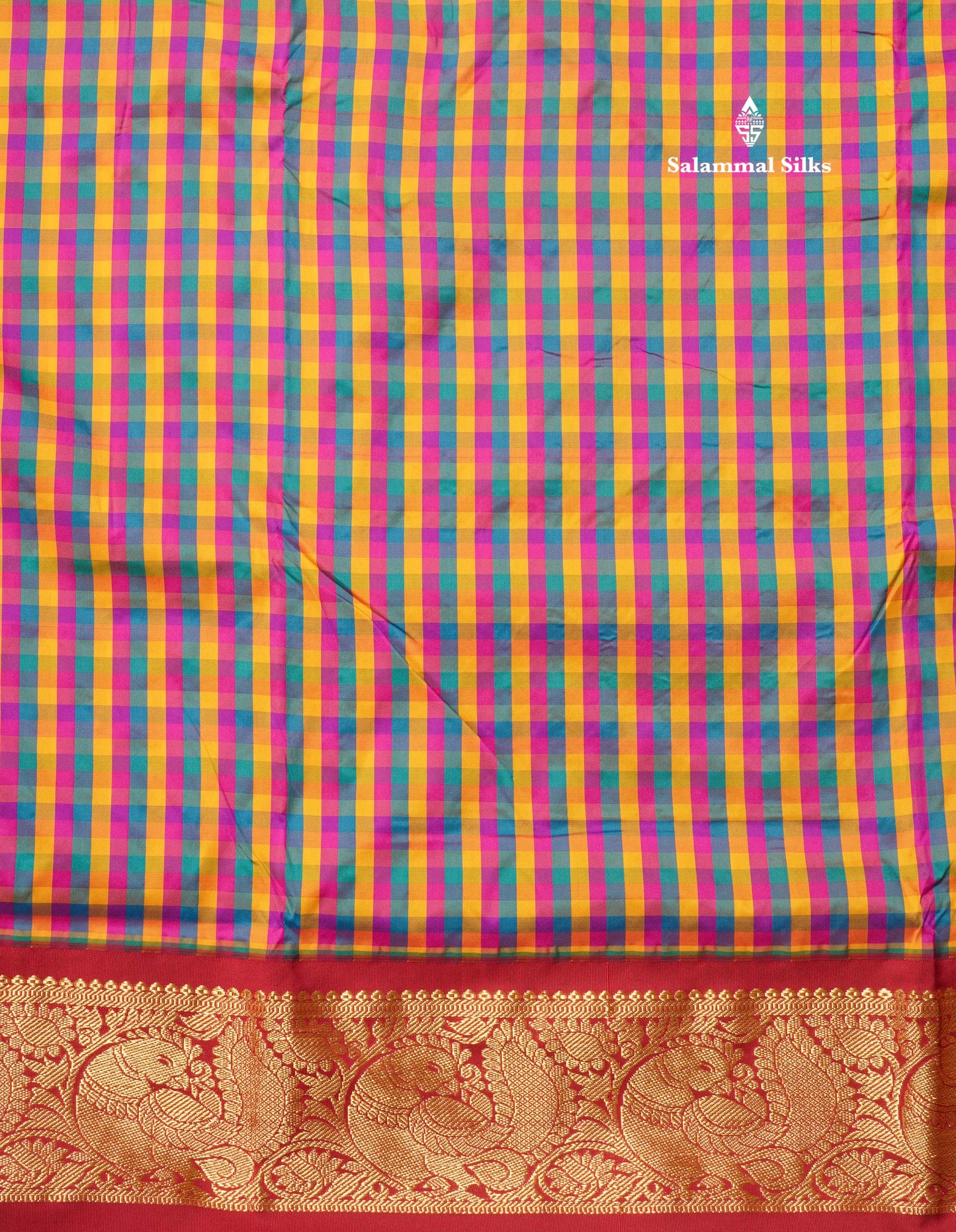 9.5 Yards Semi Silk Saree Multicolour Checks with Contrast Maroon Border