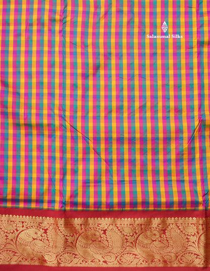 9.5 Yards Semi Silk Saree Multicolour Checks with Contrast Maroon Border