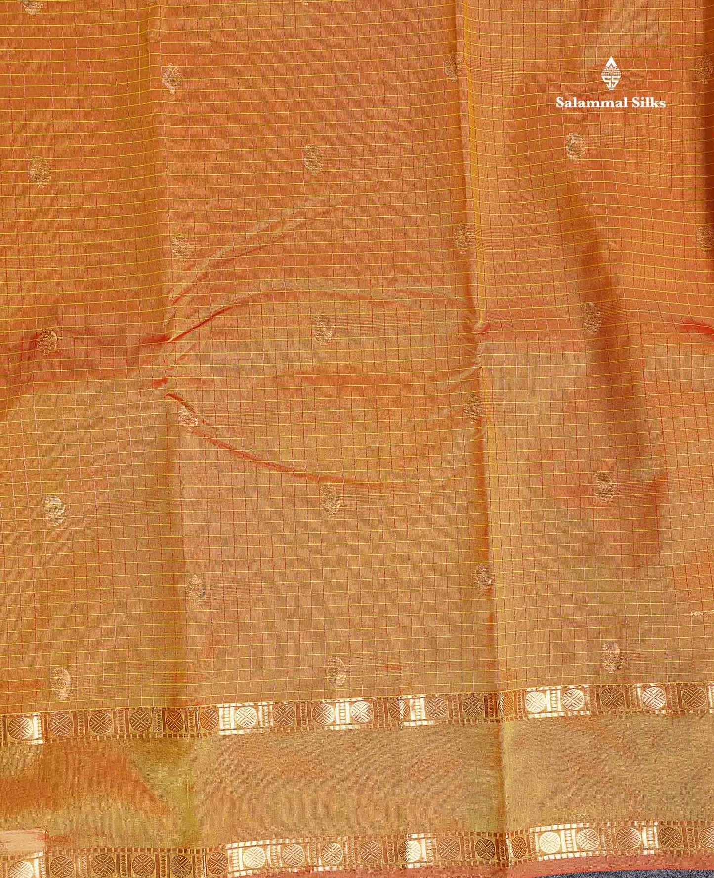 Semi Silk Saree - Orange Colour Body Zari Checks With Butta & Traditional Rettapet Border