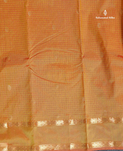 Semi Silk Saree - Orange Colour Body Zari Checks With Butta & Traditional Rettapet Border