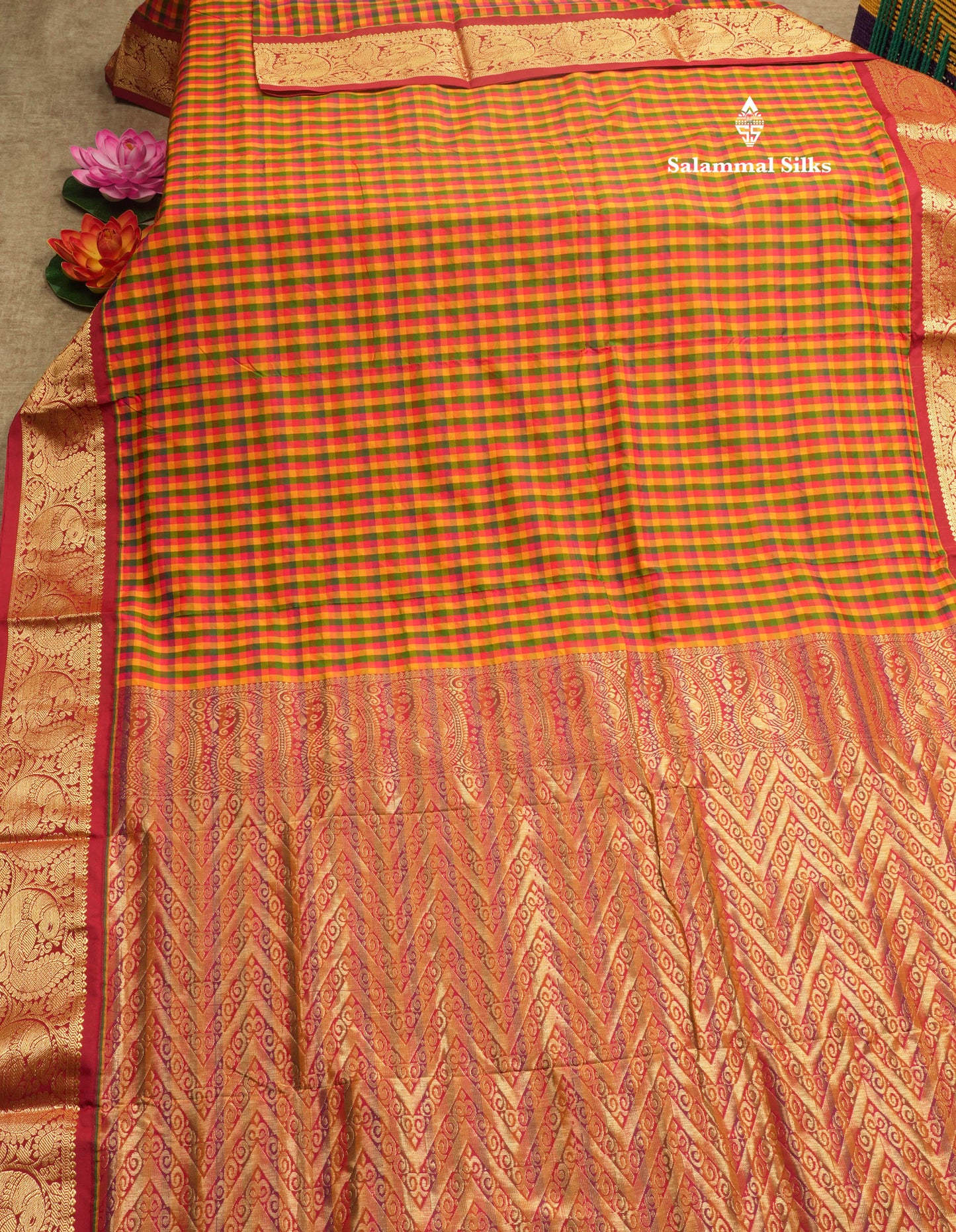 9.5 Yards Semi Silk Saree Multicolour Checks with Contrast Maroon Border