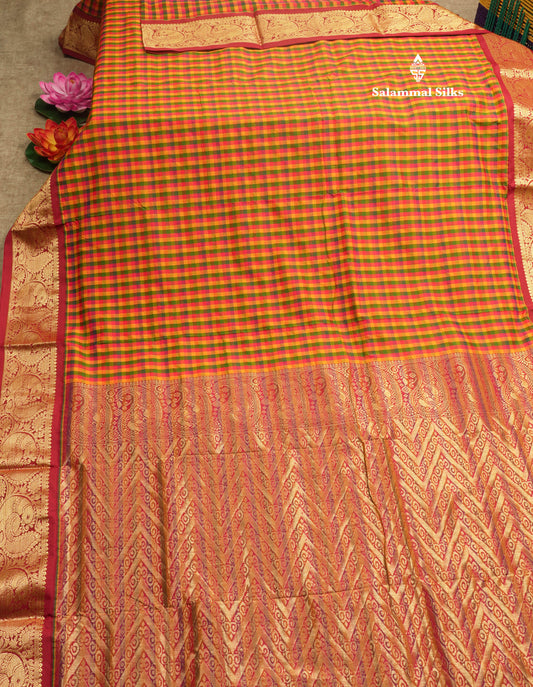 9.5 Yards Semi Silk Saree Multicolour Checks with Contrast Maroon Border